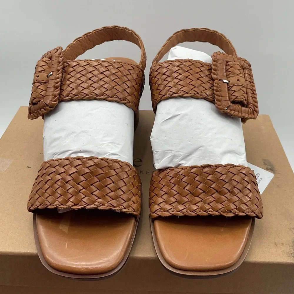 Gentle Souls Madylyn woven Leather Block Heel Sandals Cognac Brown Size 9